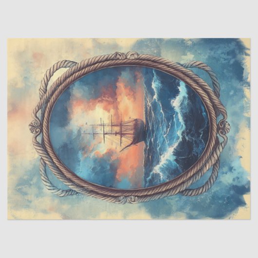Schip op Stormy Zee Rope Border Decoupage Tissuepapier (Voorkant)