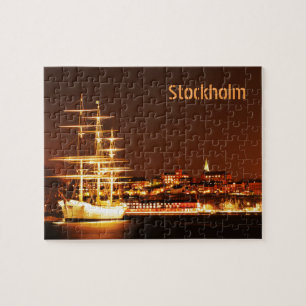 Schip 's nachts in Stockholm, Zweden Legpuzzel