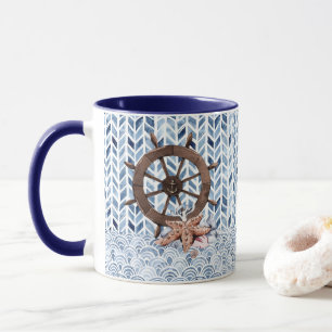Schip stuurwiel, zeester, nautisch patroon mok