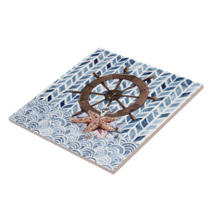 Schip stuurwiel, zeester, nautisch patroon tegeltje