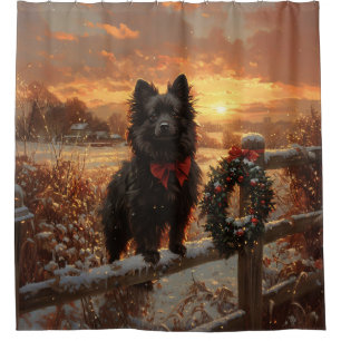 Schipperke Dog Rustic Winter Sunset Douchegordijn