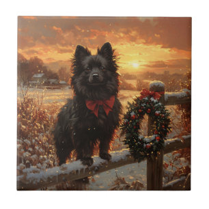 Schipperke Dog Rustic Winter Sunset Tegeltje