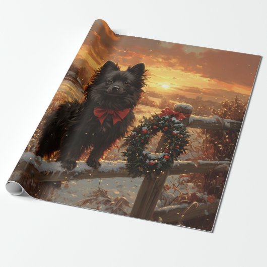 Schipperke Hond Rustieke Winter Zonsondergang Deco Cadeaupapier (Uitgerold)