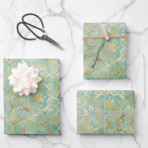 Schitterend antiek design, groen en goud inpakpapier vel