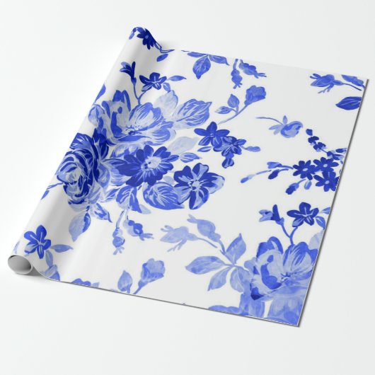 Schitterend blauw bloempatroon cadeaupapier (Uitgerold)