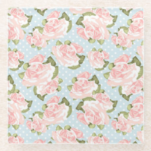 Schitterend roos patroon met blauwe stippen glazen onderzetter