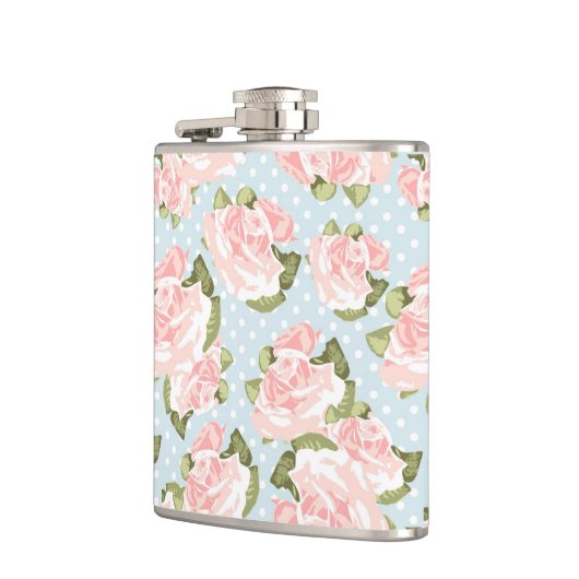 Schitterend roos patroon met blauwe stippen heupfles (Links)