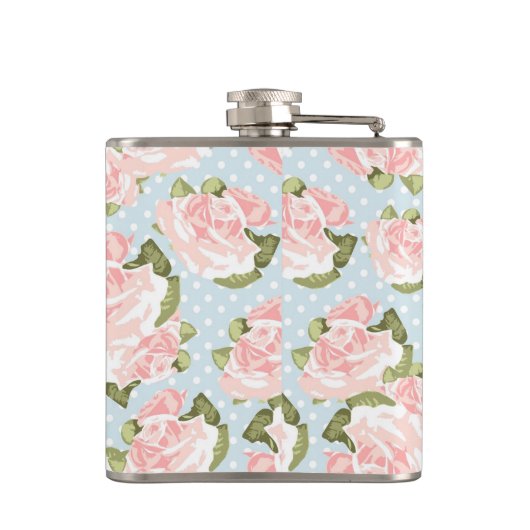 Schitterend roos patroon met blauwe stippen heupfles (Achterkant)