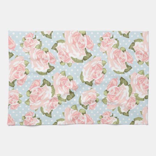 Schitterend roos patroon met blauwe stippen theedoek (Horizontaal)