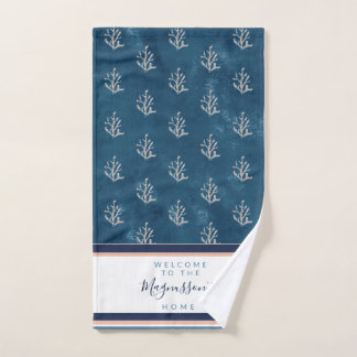 Schitterend waterverf koraal op batik blauw gebrui handdoek
