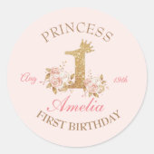 Schitterende Roze Gouden Kroon Prinses 1e Verjaard Ronde Sticker (Voorkant)