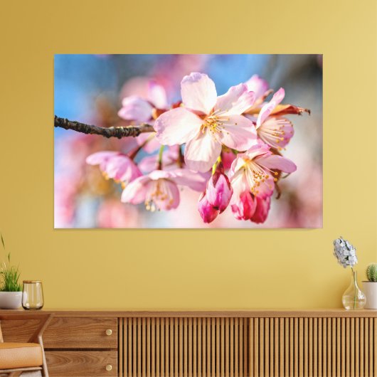 Schitterende Sakura Bloemen. Beige En Blauwe Achte Canvas Afdruk (Insitu (Woonkamer))