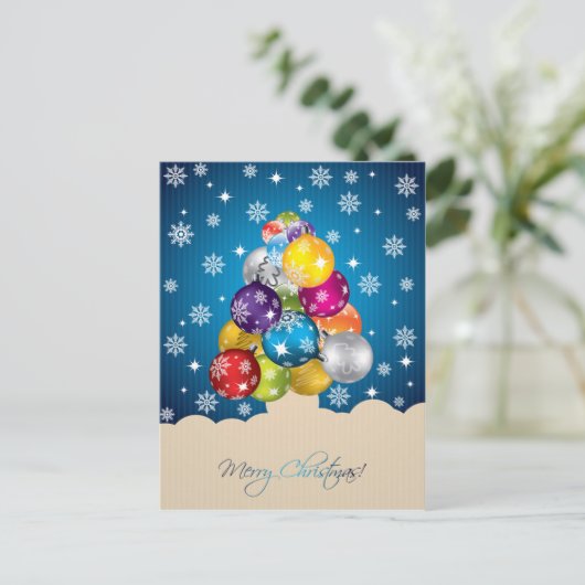 Schitterende sneeuwval op multi-gekleurde kerstbal feestdagenkaart (Staand voorkant)