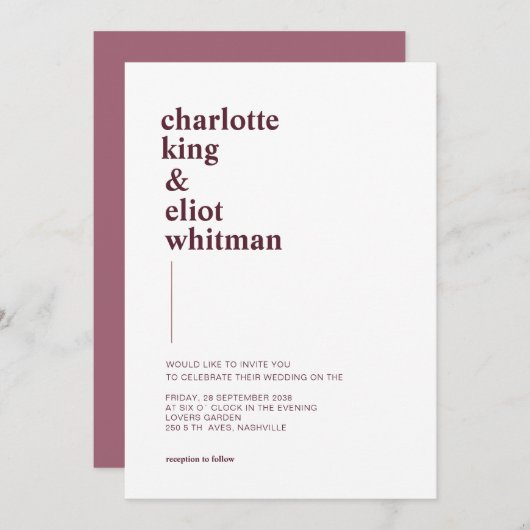 Schlicht modern Weiß, Aubergine einladung Kaart (Voorkant / Achterkant)