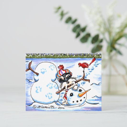 Schnauzer Building Snowman Off-Leash Art™ Briefkaart (Staand voorkant)