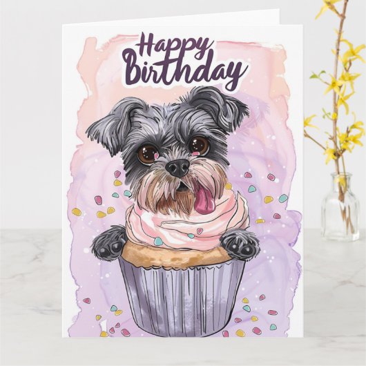 Schnauzer Cartoon Anime Cupcake Paws Kaart (Gele Bloem)