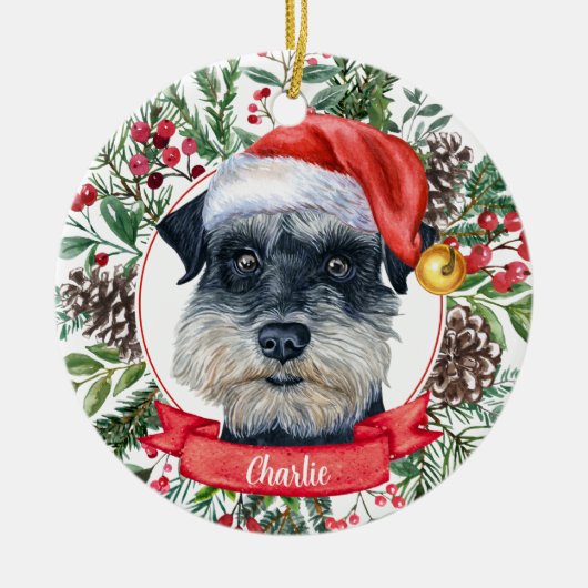 Schnauzer Dog Custom Santa Hat Kerstversier Keramisch Ornament (Voorkant)