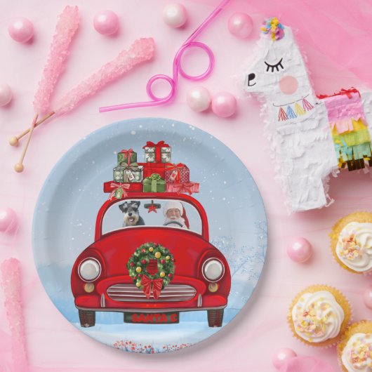 schnauzer Dog in auto met kerstman Papieren Bordje (Feest)