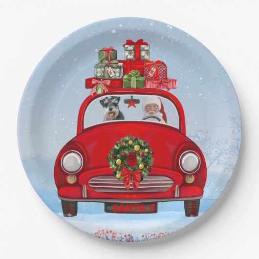 schnauzer Dog in auto met kerstman Papieren Bordje (Voorkant)