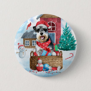 Schnauzer Dog in het sneeuwkersthuis Ronde Button 5,7 Cm