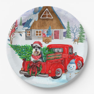 Schnauzer Dog in kerstcadeauwagen Papieren Bordje