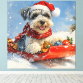 Schnauzer Dog in Sledge Let It Snow Christmas Canvas Afdruk (Insitu (Houten vloer))