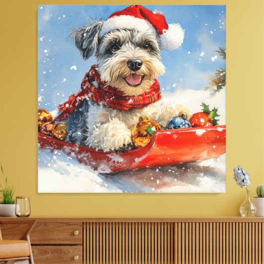 Schnauzer Dog in Sledge Let It Snow Christmas Canvas Afdruk (Insitu (Woonkamer))