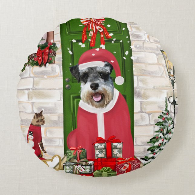 Schnauzer Dog Kerstmis Rond Kussen (Voorkant)