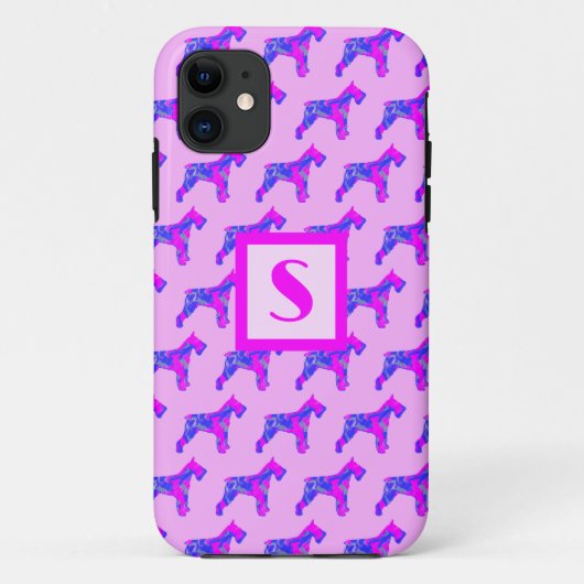 Schnauzer Dog Pink & Blue Silhouette Monogram Case-Mate iPhone Case (Achterkant)