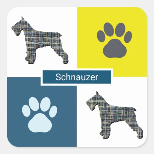 Schnauzer Dog Silhouette & Paw Print Y&B Grid Vierkante Sticker (Voorkant)