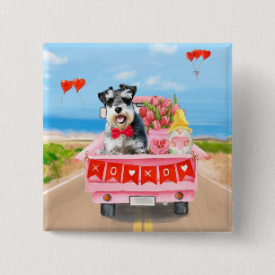 Schnauzer Dog Valentijnsdag Truck Hearts Vierkante Button 5,1 Cm