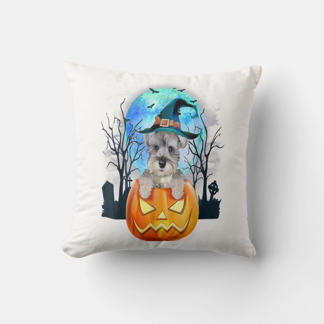 Schnauzer Dog Witch Hat Halloween Pumpkin Gift Kussen (Voorkant)