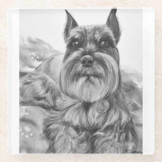 Schnauzer Drawing Glazen Onderzetter (Voorkant)