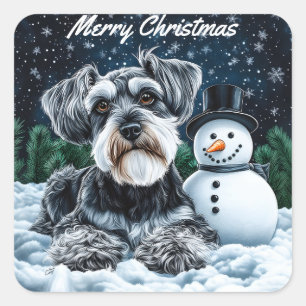 Schnauzer en Sneeuwman Kerstmis Vierkante Sticker