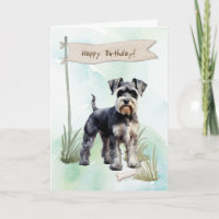 Schnauzer-hond buiten onder verjaardagsbord