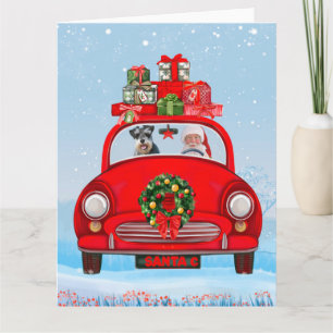 Schnauzer-hond in auto met kerstman kaart