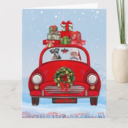 Schnauzer-hond in auto met kerstman kaart (Voorkant)