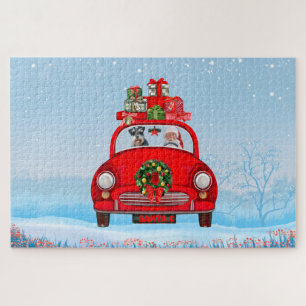 Schnauzer-hond in auto met kerstman legpuzzel