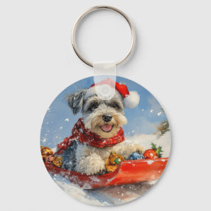 Schnauzer-hond in slee Laat het sneeuwen Kerstmis Sleutelhanger
