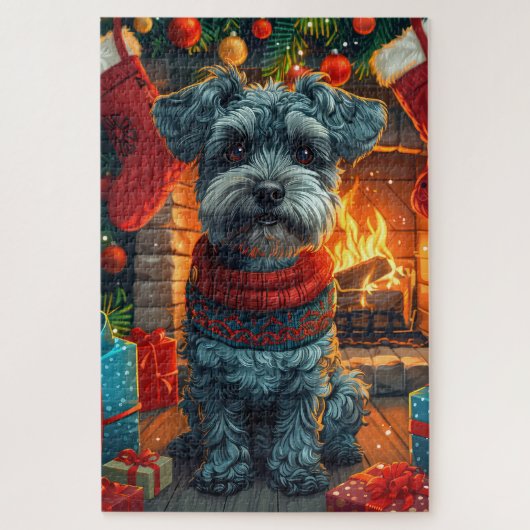Schnauzer hond met kerstcadeaus open haard legpuzzel (Verticaal)