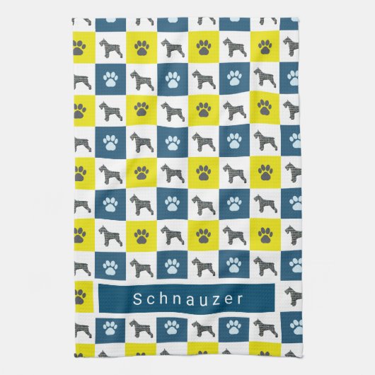 Schnauzer Hond & Poot Geel & Blauw Grid Theedoek (Verticaal)