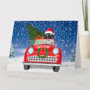 Schnauzer-hond rijdt auto in sneeuw met Kerstmis Kaart