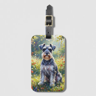 Schnauzer in bloemenweide bagagelabel