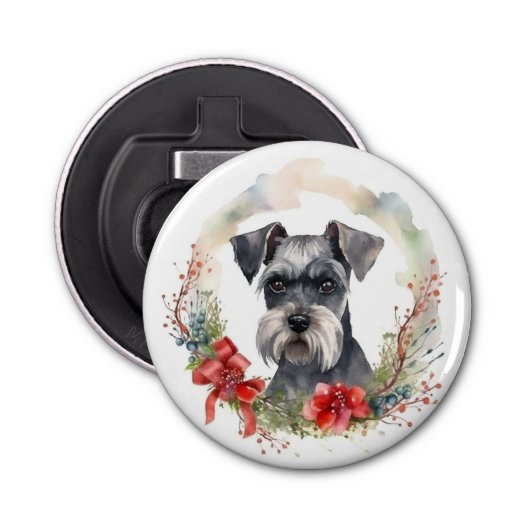 Schnauzer Kerstkrans Feestelijke Pup Button Flesopener (Voorkant)