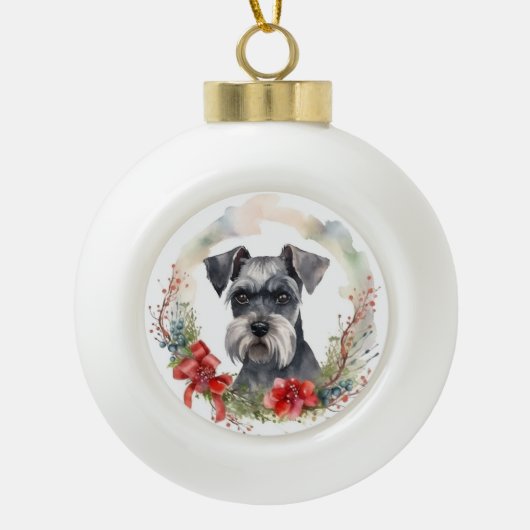 Schnauzer Kerstkrans Feestelijke Pup Keramische Bal Ornament (Voorkant)