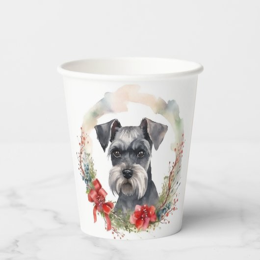 Schnauzer Kerstkrans Feestelijke Pup Papieren Bekers (Achterkant)