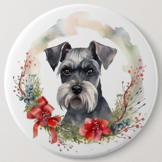 Schnauzer Kerstkrans Feestelijke Pup Ronde Button 6,0 Cm (Voorkant)