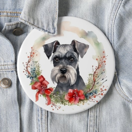 Schnauzer Kerstkrans Feestelijke Pup Ronde Button 6,0 Cm (In situ)