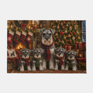 Schnauzer Kerstschilderij met 4 Puppy's Deurmat