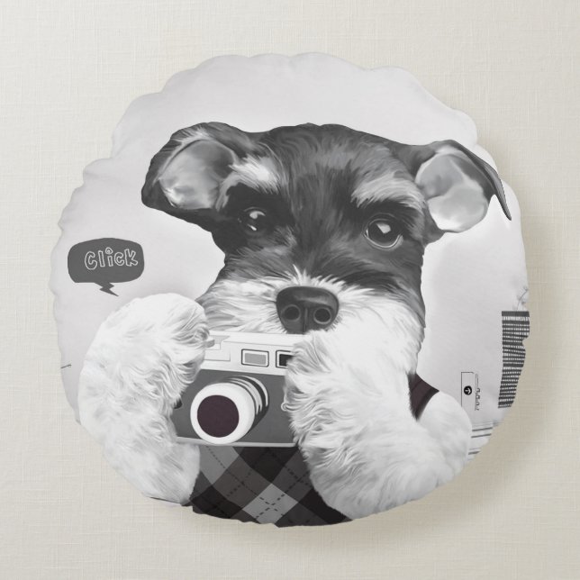 Schnauzer met camera rond kussen (Voorkant)
